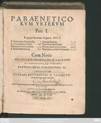 Paraeneticorum Veterum Pars I. : In qua producuntur Scriptores VIII.