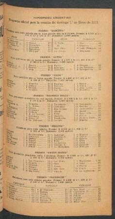 Hipódromo Argentino - Programa oficial para la reunión del domingo 1. de Enero de 1911