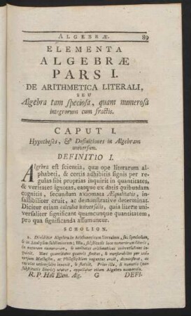 Pars I. De Arithmetica Literali