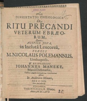 Dissertatio Philologica De Ritu Precandi Veterum Ebraeorum