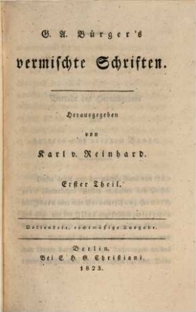 G. A. Bürger's sämmtliche Werke. 3, Vermischte Schriften ; 1. Theil
