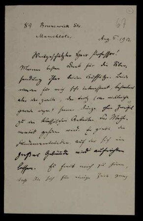 Nr. 4: Brief von Emanuel Lasker an Adolf Hurwitz, Manchester, 6.8.1901