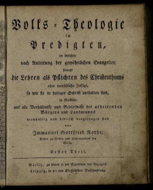 1: Volks-Theologie in Predigten. Erster Theil
