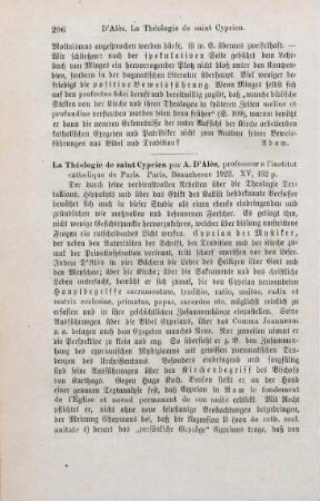 296-299 [Rezension] Alès, Adhémar d', La théologie de Saint Cyprien