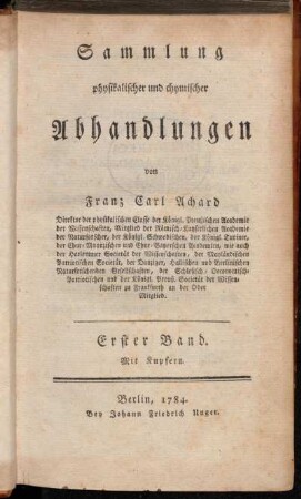 1: Sammlung physikalischer und chymischer Abhandlungen. Erster Band