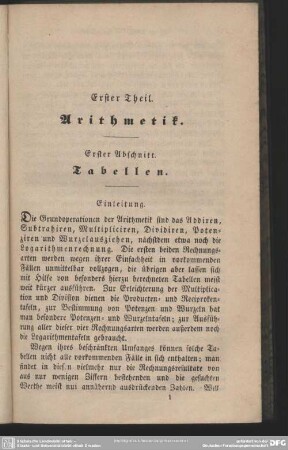 Erster Theil. Arithmetik