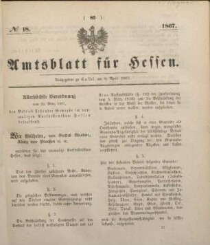 № 18. Ausgegeben zu Cassel am 9. April 1867.