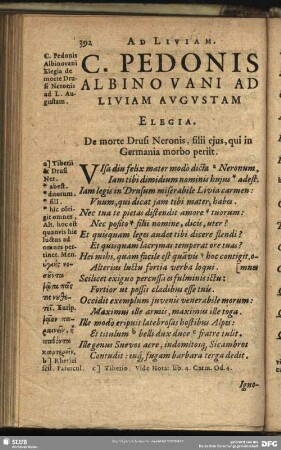 C. Pedonis Albinovani Ad Liviam Augustam Elegia : De morte Drusi Neronis, filii eius, qui in Germania morbo periit