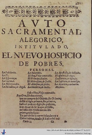 Auto Sacramental Alegorico del Nuevo Hospicio de Pobres.