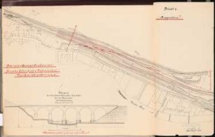 Viergleisiger Ausbau der Eisenbahnstrecke Vohwinkel-Elberfeld Schinkelwettbewerb 1904: Eisenbahnbrücke über das Wuppertal. Lageplan, Ansicht