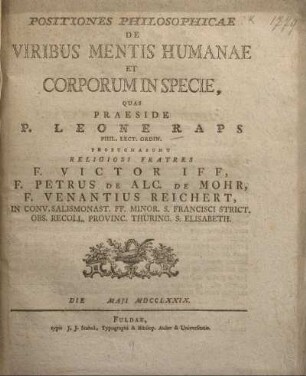 Positiones philosophicae de viribus mentis humanae et corporum in specie