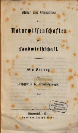 Ueber das Verhältniss der Naturwissenschaften zur Landwirthschaft : ein Vortrag