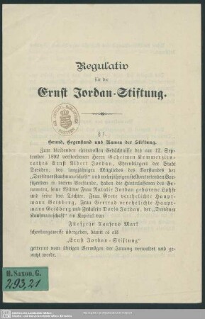 Regulativ für die Ernst Jordan-Stiftung