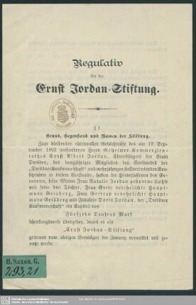 Regulativ für die Ernst Jordan-Stiftung
