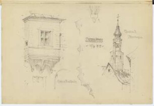 Erker an einem Privathaus, Straubing. Pfarrkirche St. Jacob, Straubing: Perspektivische Ansichten, Details (aus: Skizzen- und Fotoalbum 2)