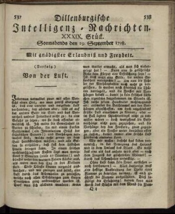 XXXIX. Stück. Sonnabends den 29. September 1798.