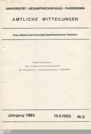 Promotionsordnung des Fachbereichs Elektrotechnik der Universität - Gesamthochschule - Paderborn : 15.5.1985