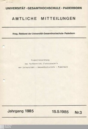 Promotionsordnung des Fachbereichs Elektrotechnik der Universität - Gesamthochschule - Paderborn : 15.5.1985