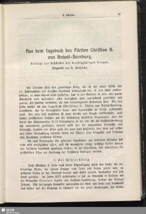 Aus dem Tagebuch des Fürsten Christian II. von Anhalt-Bernburg. Beiträge zur Geschichte des dreißigjährigen Krieges.