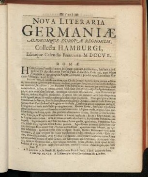 Nova Literaria Germaniæ Aliorumque Europæ Regnorum, Collecta Hamburgi, Editaque Calendis Februarii MDCCVII.