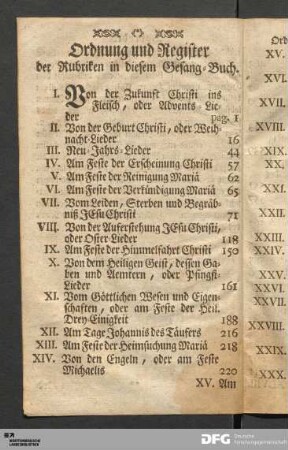 Ordnung und Register der Rubriken in diesem Gesang-Buch.