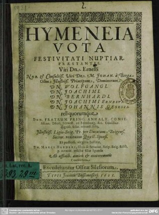 Hymeneia vota festivitati nuptiarum Ernesti ... a Bergen ... et Justinae ... Harderi ...