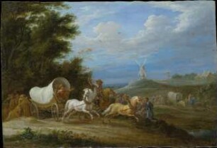 Landschaft mit dem Überfall einer Reitertruppe auf einen Packwagen