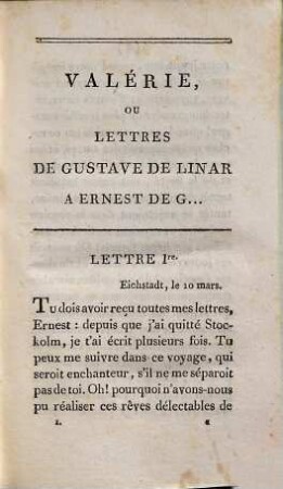 Valérie ou lettres de Gustave de Linar à Ernest de G.... 1