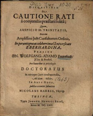 Disquisitio De Cautione Rati à conjunctis praestari solitâ
