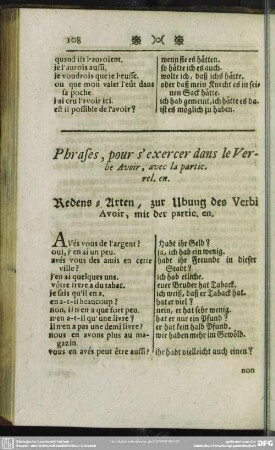 Phrases, pour s' exercer dans le Verbe Avoir, avec la partic. rel. en. Redens-Arten, zur Ubung des Verbi Avoir, mit der partic. en.