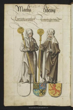 Bl. 84v: Martha, Hedewig : Margaretha 1444-n. 1491; Hedwig 1445- 1511, beide Äbtissinnen und Töchter Friedrichs II. des Sanftmütigen