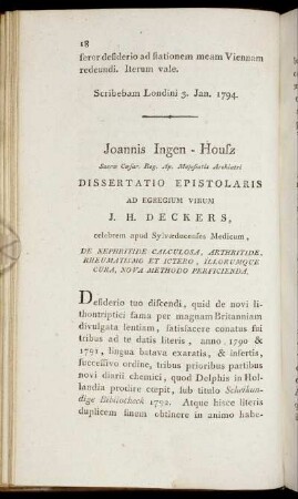 Dissertatio Epistolaris Ad Egregium Virum J. H. Deckers, celebrem apud Sylvæducenses Medicum,...