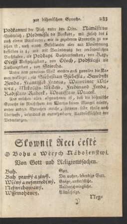 Slownik Reci ceské. O Bohu a Wècych Nábozenstwi. Von Gott und Religionssachen