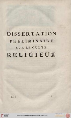 Dissertation préliminaire sur le culte religieux
