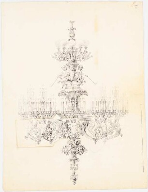 Königliche Oper (auch: Staatsoper unter den Linden, Lindenoper), Berlin Wiederaufbau (?): Kronleuchter für Kerzen: Ansicht mit aufgeklebter Variante (vergl. Inv.Nr. 5796)