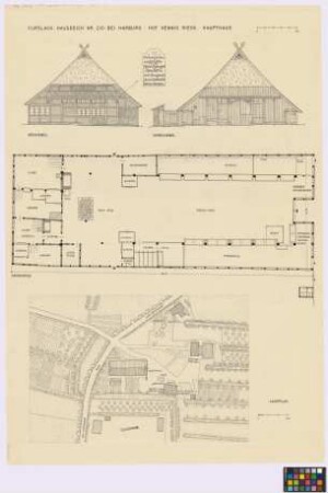 Curslack(Hamburg-Harburg): Hof Hennig Rieck, Hausdeich Nummer 210. - Lageplan mit Haupthaus (Aufsicht), Dung (Aufsicht), Wagenremise (Aufsicht), Holz und Scheune und Schweinestall (Aufsicht), Scheune (erbaut 1883, Aufsicht), fünf Nachbargebäude (Aufsichten). - Haupthaus (Süd-Giebel-Ansicht, Nord-Giebel-Ansicht, Grundriss). - zwei Aborte (Ansicht, Grundriss). - Wiedergabe der Inschrift