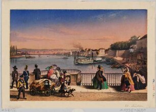 Blick von der Elbbrücke (alte Augustusbrücke, 1727-31 von Pöppelmann) elbaufwärts nach Osten über den Fluss mit Schiffen, rechts die Altstadt mit der Brühlschen Terrasse