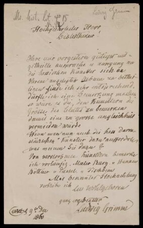 Brief von Ludwig Emil Grimm an Unbekannt