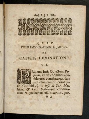 3-16, Q. D. B. V. Dissertatio Inavgvralis Jvridica De Capitis Deminutione. Corollaria.
