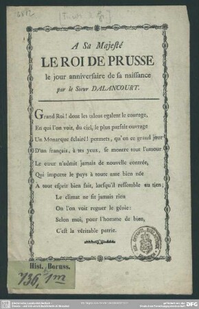 A Sa Majesté Le Roi De Prusse le jour anniversaire de sa naissance