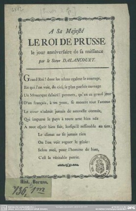 A Sa Majesté Le Roi De Prusse le jour anniversaire de sa naissance