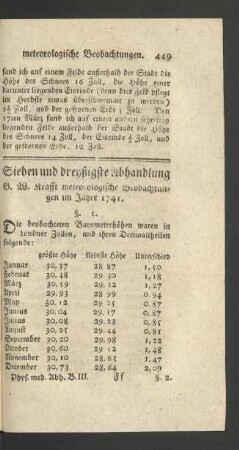Sieben und dreyßigste Abhandlung G. W. Krafft meteorologische Beobachtungen im Jahre 1741.