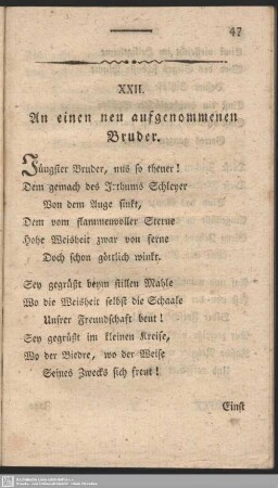 XXII. An einen neu aufgenommenen Bruder