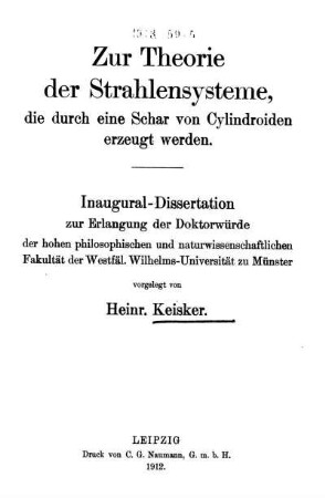 Zur Theorie der Strahlensysteme, die durch eine Schar von Cylindroiden erzeugt werden