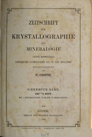 Zeitschrift für Krystallographie und Mineralogie. 7. 1883