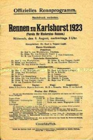 Veranstaltungsprogramm der Pferde-Rennbahn Berlin-Karlshorst