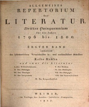 Allgemeines Repertorium der Literatur. [7.] 1796/1800 (1807) = Fach 1-9