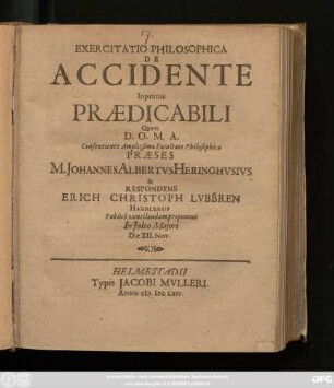 Exercitatio Philosophica De Accidente Inprimis Praedicabili