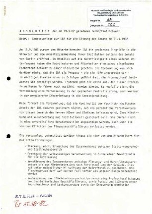 Resolution zur IBA: Versammlung von Fachöffentlichkeit am 19.9.1982