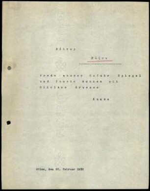 E. Kunze an G. Welter